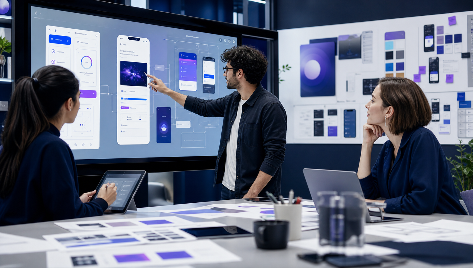 Product design team reviewing mobile interface prototypes