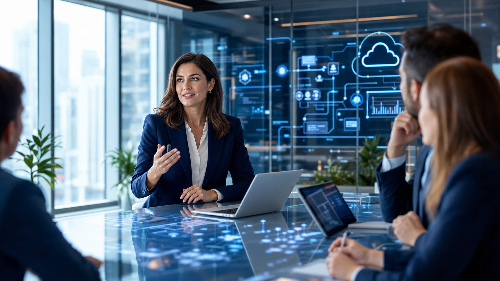 Business consultant leading a cloud AI automation and digital strategy discussion in a modern boardroom