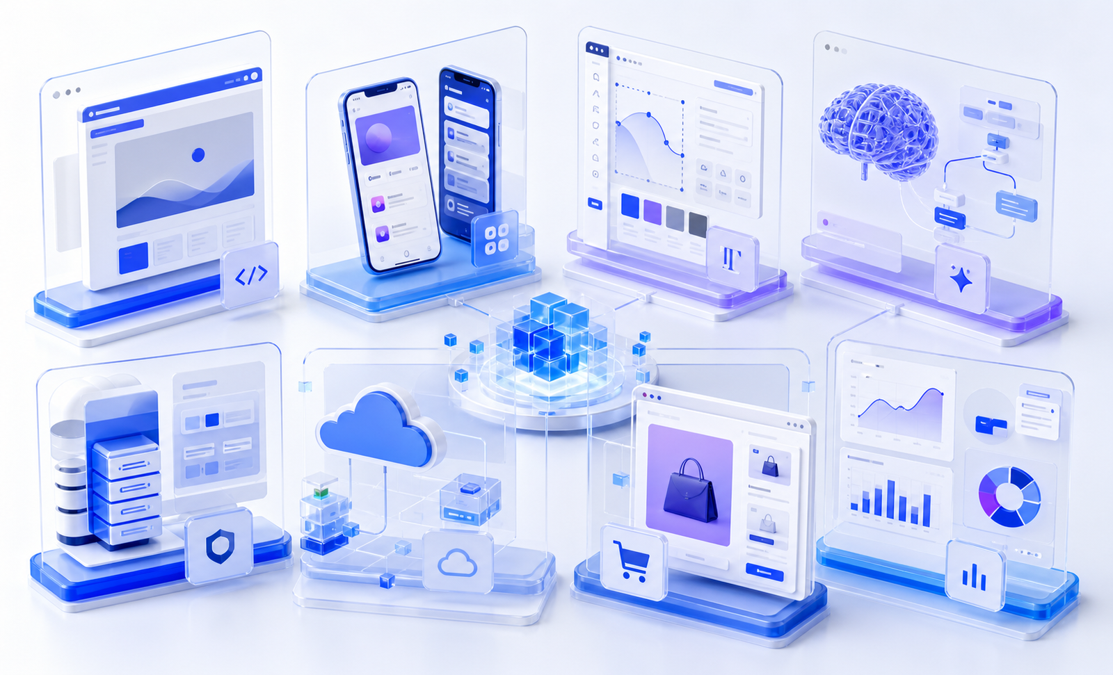 NEXSAL services ecosystem visual with web mobile AI cloud e-commerce and analytics modules