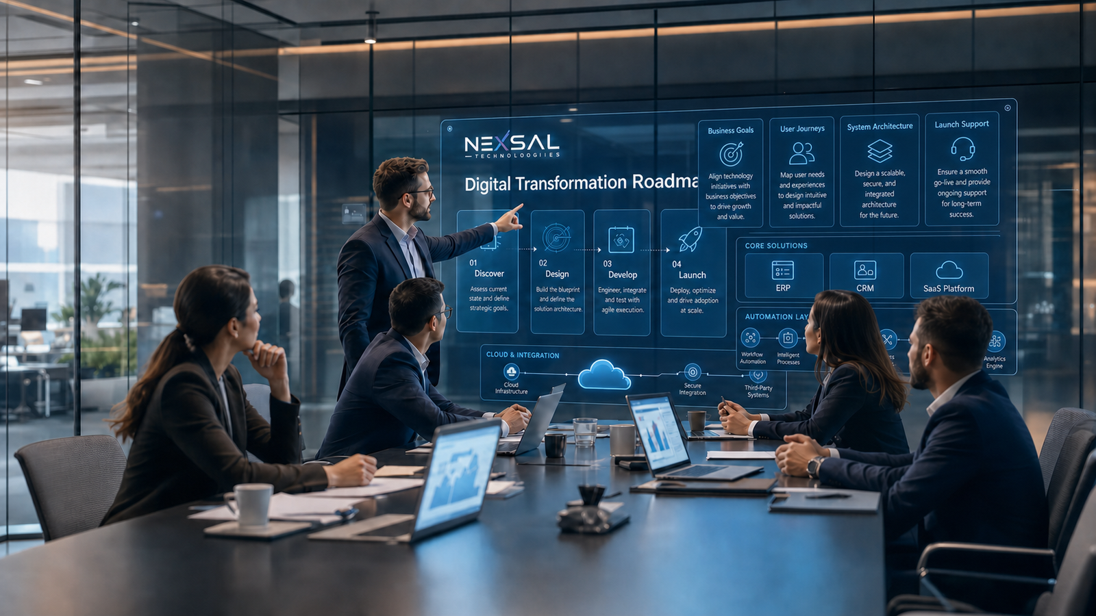 Business team reviewing enterprise ERP CRM SaaS and workflow automation dashboards